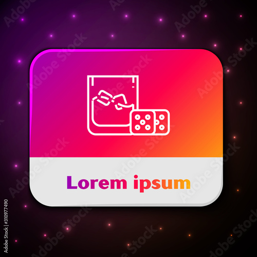 White line Game dice and glass of whiskey with ice cubes icon isolated on black background. Casino gambling. Rectangle color button. Vector Illustration