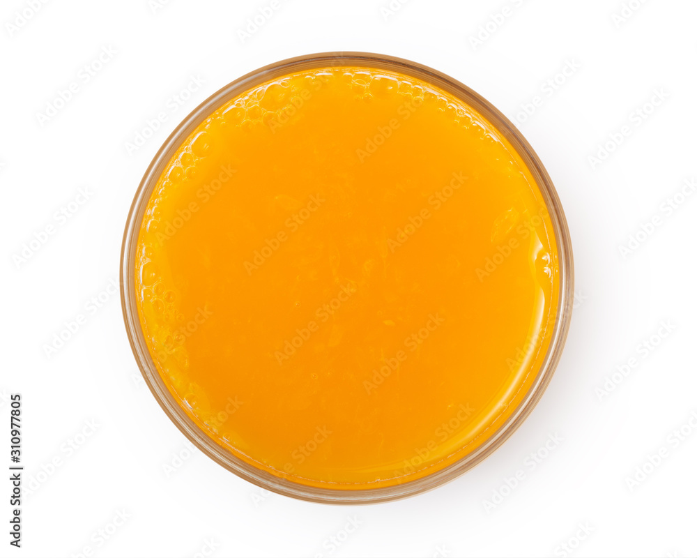 Glass of fresh orange juice isolated on white background, Top view. Glass of fresh orange juice isolated on white background, Top view.