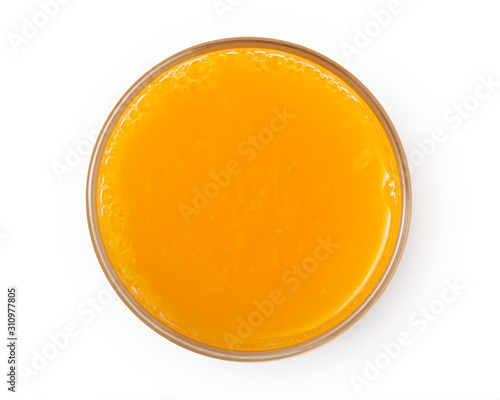 Glass of fresh orange juice isolated on white background, Top view.