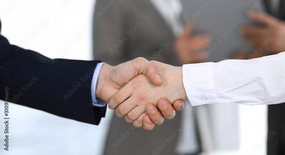Business people shaking hands while standing with colleagues after meeting or negotiation, close-up. Group of unknown businessmen and women in modern office. Teamwork, partnership and handshake Business people shaking hands while standing with colleagues after meeting or negotiation, close-up. Group of unknown businessmen and women in modern office. Teamwork, partnership and handshake