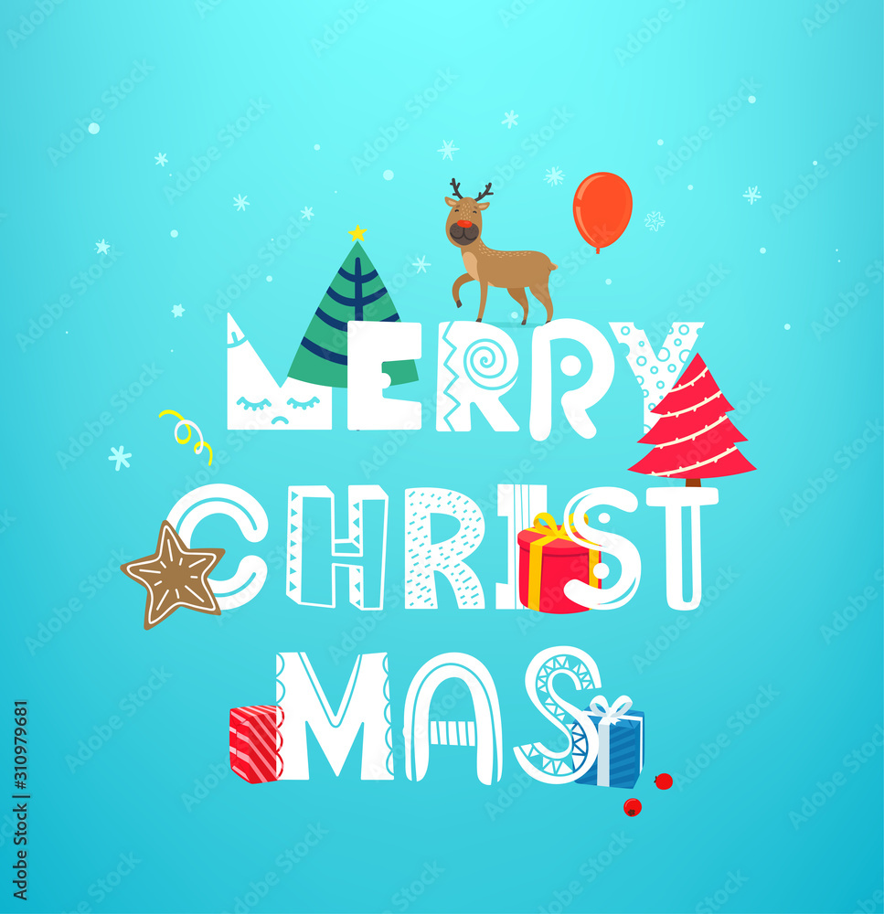Christmas vector artistic greeting card concept. Vector banner with different holiday accesories