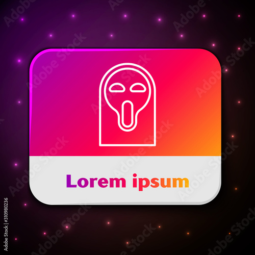 White line Funny and scary ghost mask for Halloween icon isolated on black background. Happy Halloween party. Rectangle color button. Vector Illustration
