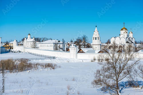 Holy Protection Convent in Suzdal. Pokrovsky women's monastery in winter. Church of Peter and Paul at the Intercession Monastery. Suzdal. Russia. Golden Ring of Russia Travel.м