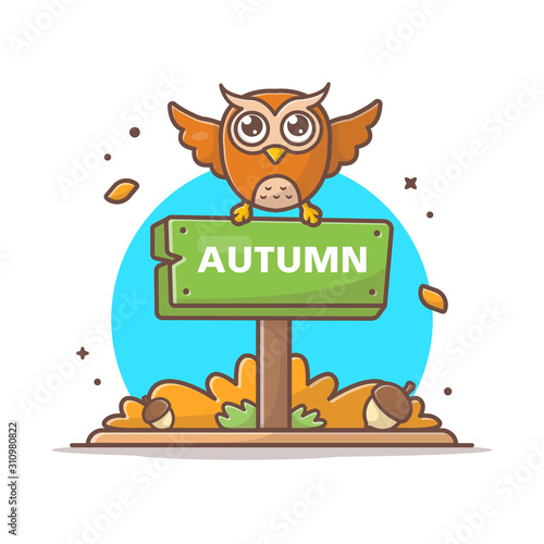 Autumn Sign with Cute Owl and Acorn Vector Illustration. Happy Autumn. Autumn Icon Illustration. Autumnal. Flat Cartoon Style Suitable for Web Landing Page, Banner, Flyer, Sticker, Card, Background