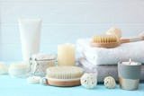 spa composition with towels and care products on the table with place for text. Body care, relaxation