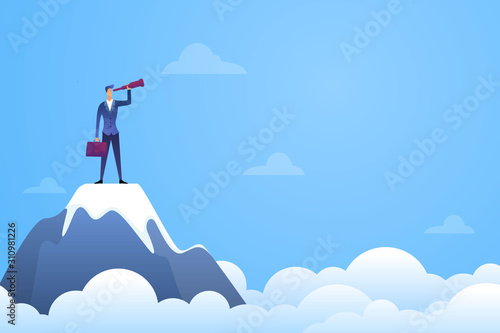 Successful businessman looks into a telescope on top of mountain vector. Symbol of recruitment and hiring flat illustration