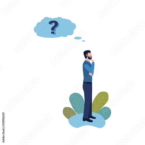 Thinking man standing under question mark. Worker or businessman doubts, makes a decision, chooses. Vector illustration of character, person solving a problem. Thinking questions concept.