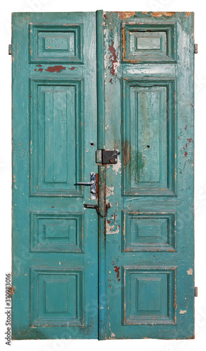Handmade vintage wooden green door in retro rural style isolated