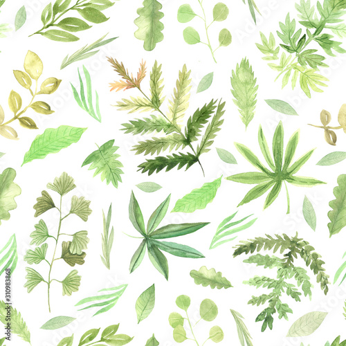 Seamless pattern with watercolor green leaves