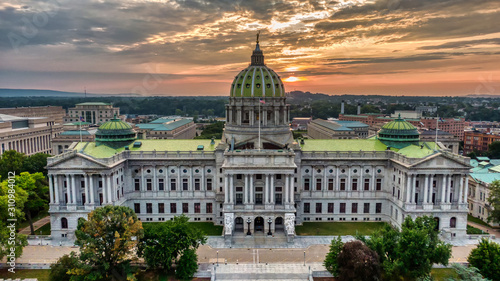 Capitol in Harrisburg, Pennsylvania in sunrise, aerial panoramic view photo