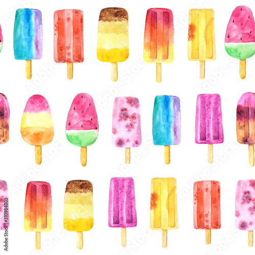 Seamless pattern with watercolor fruit ice cream