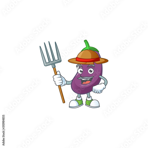 Happy Farmer eggplant cartoon mascot with hat and tools