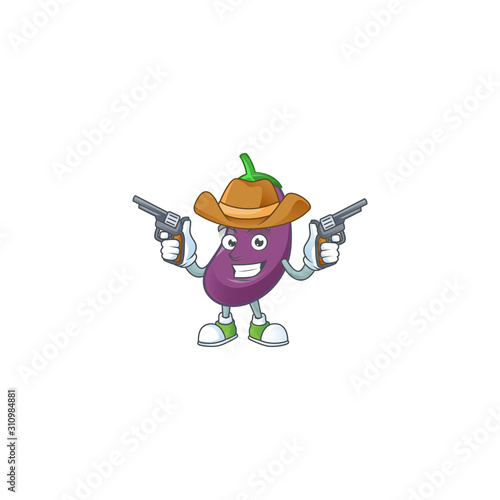 Smiling eggplant mascot icon as a Cowboy holding guns