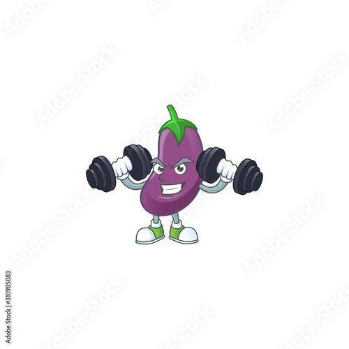 Fitness exercise eggplant mascot icon with barbells