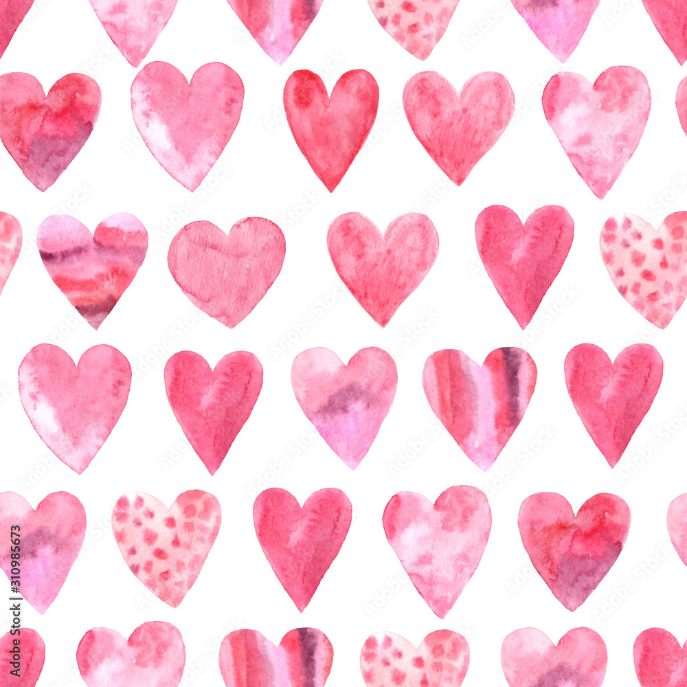 Seamless pattern with bright watercolor hearts