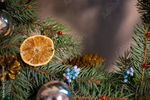 Christmas decoration, dried lemon decorations on a Christmas tree branch