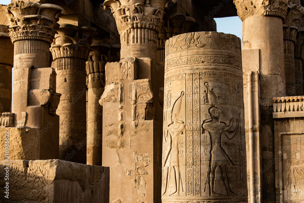 Ruins and Hieroglyphs in the famous Temple of Kom Ombo in Egypt on nile river bank Ruins and Hieroglyphs in the famous Temple of Kom Ombo in Egypt on nile river bank