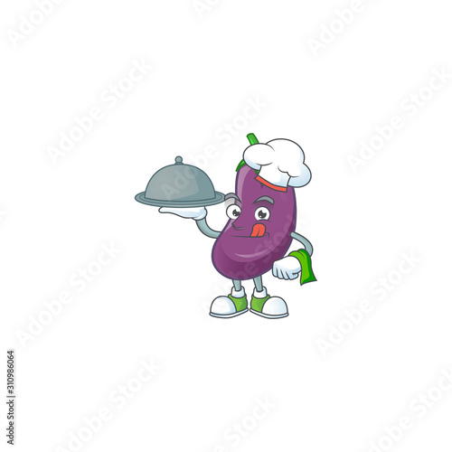 Cute eggplant as a Chef with hat and tray cartoon style design