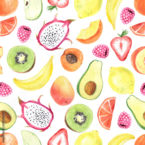 Fototapeta Naklejka Na Ścianę i Meble -  Seamless pattern with watercolor exotic summer fruits