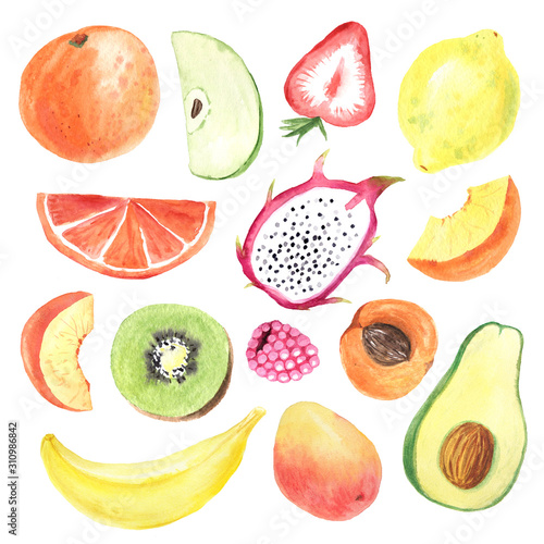 Fototapeta Naklejka Na Ścianę i Meble -  Set of hand painted watercolor summer fruits