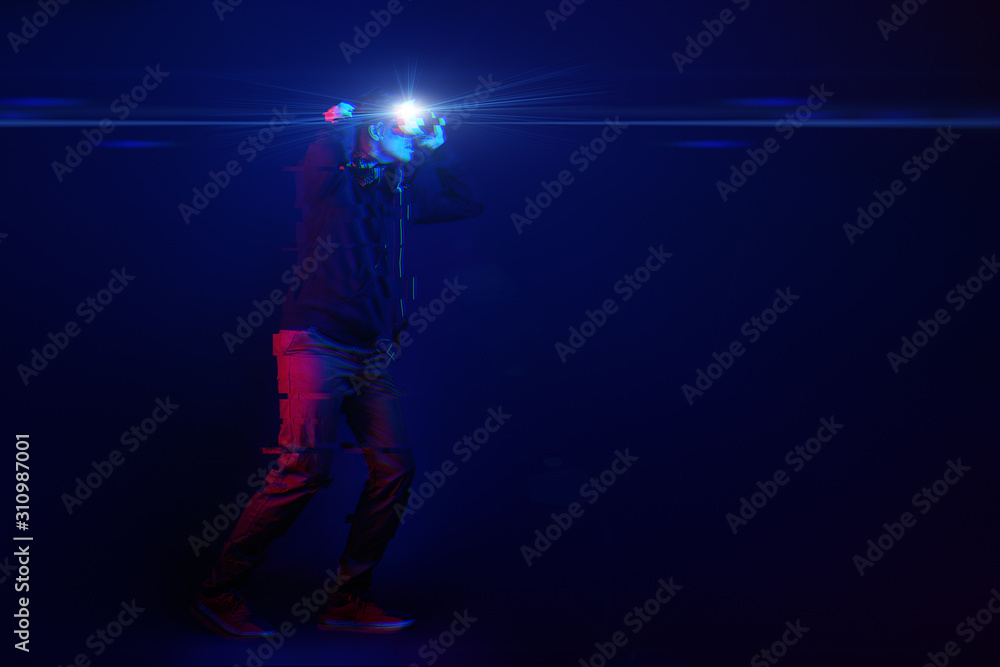 Man with virtual reality headset. Image with glitch effect