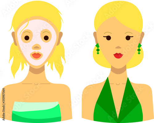 Portraits of a blonde girl before and after the transformation: 1) green towel, face mask, tousled hair and pigtails; 2) with makeup, chignon, in a dress and earrings. Vector graphics, illustration