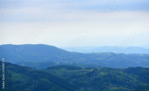 Picturesque landscape with hills and blue air  the atmosphere in the European forest of Schwarzwald   Germany. Clean Air Ecology Concept