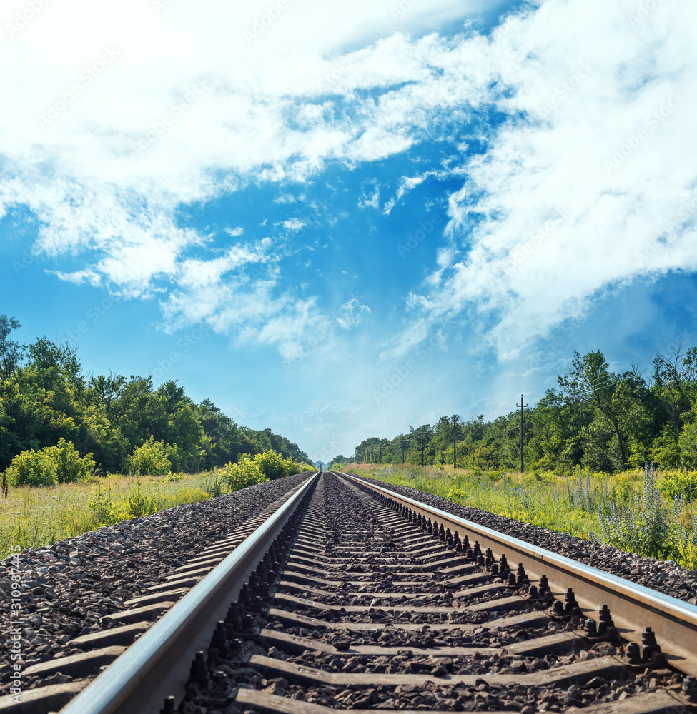 Fototapeta premium one railroad to horizon in green meadow and blue sky with clouds