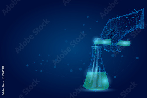 Abstract mash line and point medical laboratory analysis. Medicine low poly wireframe banner template. Polygonal scientist hand pours liquid from test tube into flask. Lab testing vector illustration.