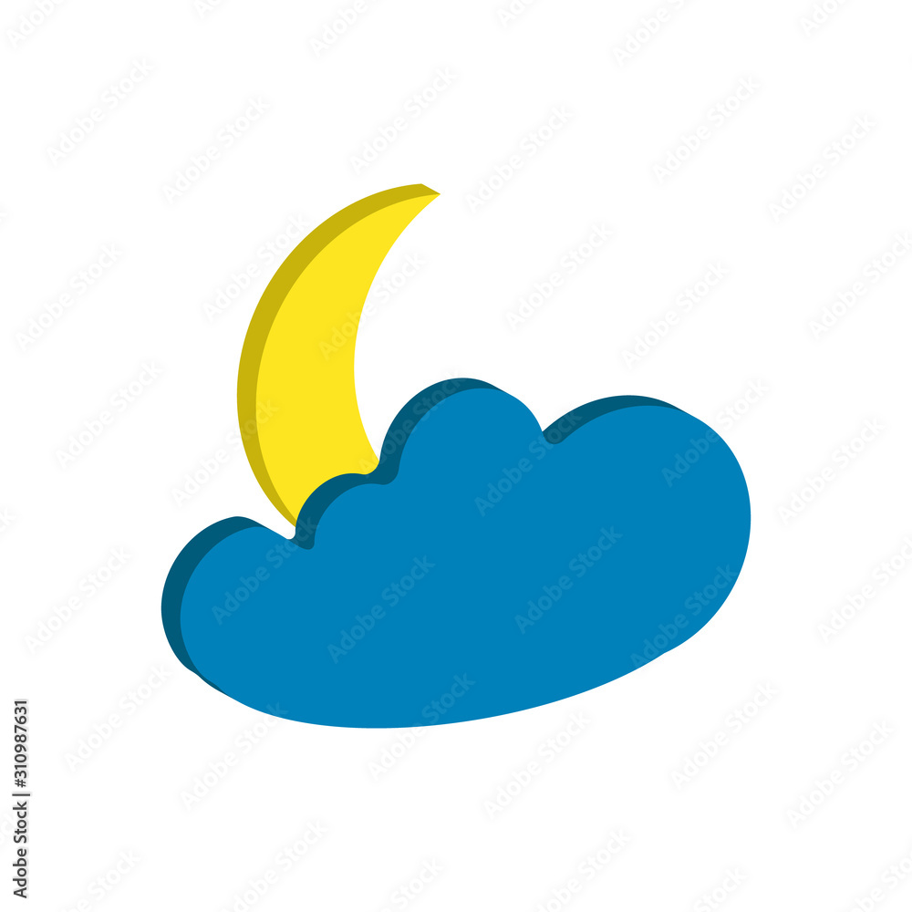 Weather forecast isometric icon of moon and cloud isolated on white background. Weather symbol  in modern style. For web site design and mobile apps. Vector illustration