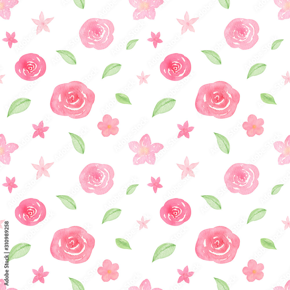 Watercolor hand painted roses, leaves, flowers seamless pattern isolated on white background. Spring flowers background. Percefet for covers, fabric, textile.
