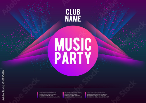 Horizontal music party poster with color graphic elements, dark background and text.  