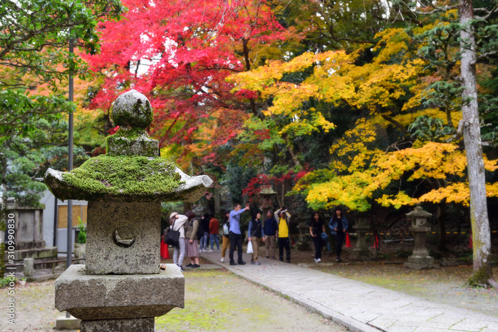 Osaka, Japan - November 24, 2019: Cement lantern with moss in the temple along the way to Minoo waterfall at Minoo park in Osaka, Japan Osaka, Japan - November 24, 2019: Cement lantern with moss in the temple along the way to Minoo waterfall at Minoo park in Osaka, Japan