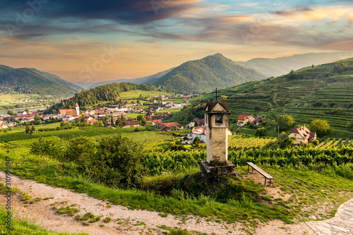 Wachau valley with the river Danube and town Spitz on a sunset. Lower Austria. photo