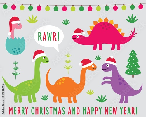 Cute cartoon dinosaurs in Santa hats set