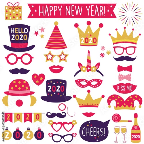 New Year 2020 party hats and crowns, banners and photo booth props set 