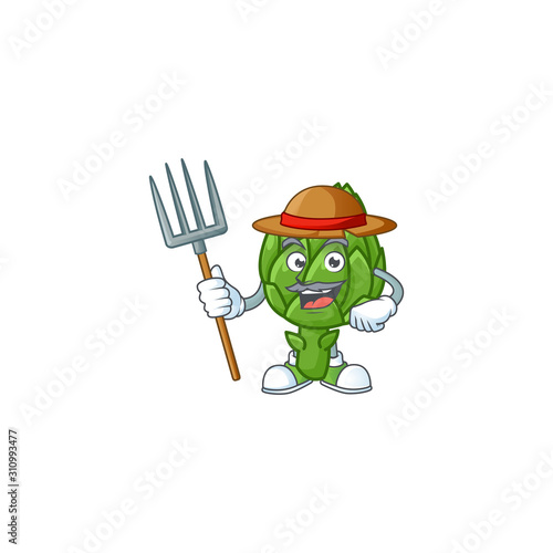 Happy Farmer artichoke cartoon mascot with hat and tools