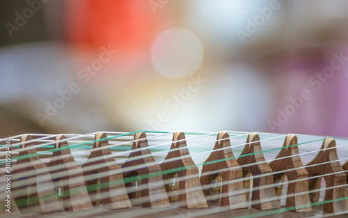 A close-up of a Chinese zither instrument in a bright and soft background. photo