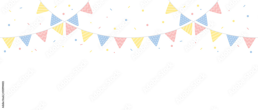 Cute pastel colored triangle party buntings with confetti border. Baby and kids party decoration. Flat vector illustration.