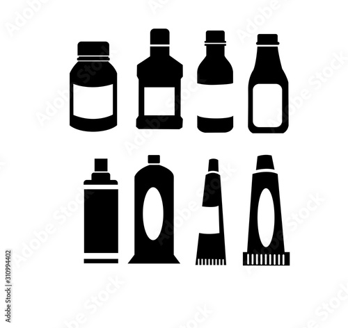 set of medicine bottles and tubes icon vector 