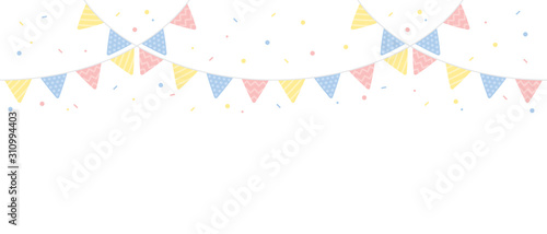 Cute pastel colored triangle party buntings with confetti border. Baby and kids party decoration. Flat vector illustration.