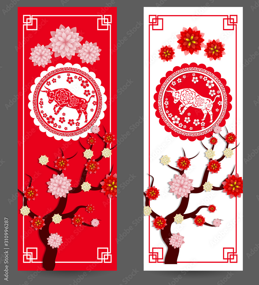 Happy chinese new year 2021 year of the ox flower and asian elements with craft style on background - obrazy, fototapety, plakaty 