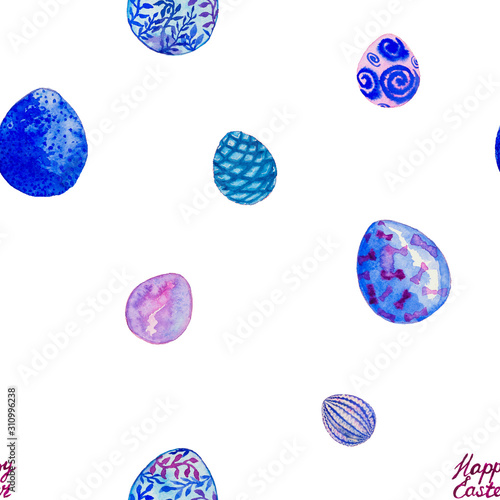 Hand drawn watercolor eggs on white background. Isolated seamless pattern for Easter design.
