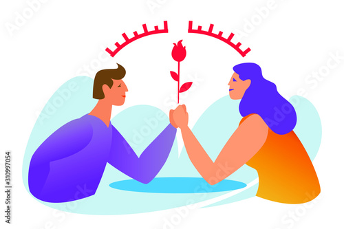 Gender equality of man and woman. Equal social status and strength, family relations