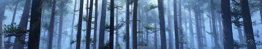 Fototapeta premium Panorama of trees in the morning fog, forest in smoke, 3D rendering.