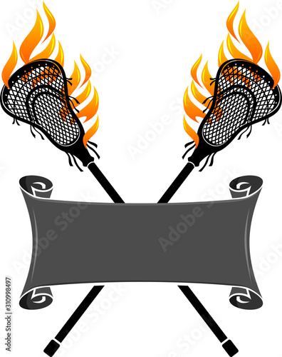 Flaming Lacrosse Stick Emblem with Blank Label