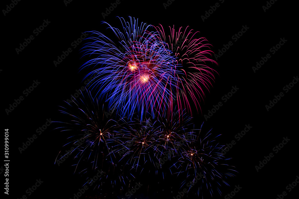 Fireworks for celebrate new year of 2020 isolated on black or dark background at night time. Fireworks for celebrate new year of 2020 isolated on black or dark background at night time.