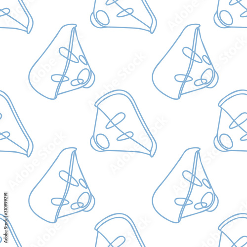 Nebulizer mask. Contour illustration of aerosol lung respiration . Respiratory mask. Seamless vector pattern on white background.