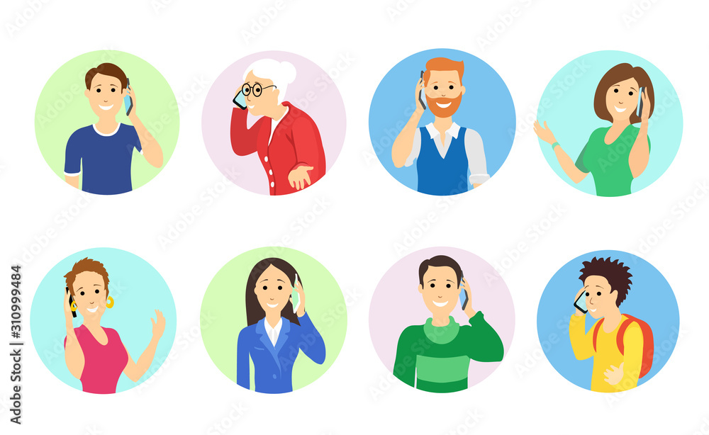 People speaking on the phone. Set of flat cartoon characters talking smartphone icons People speaking on the phone. Set of flat cartoon characters talking smartphone icons