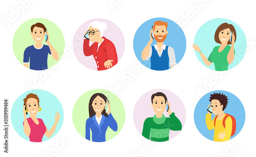 People speaking on the phone. Set of flat cartoon characters talking smartphone icons